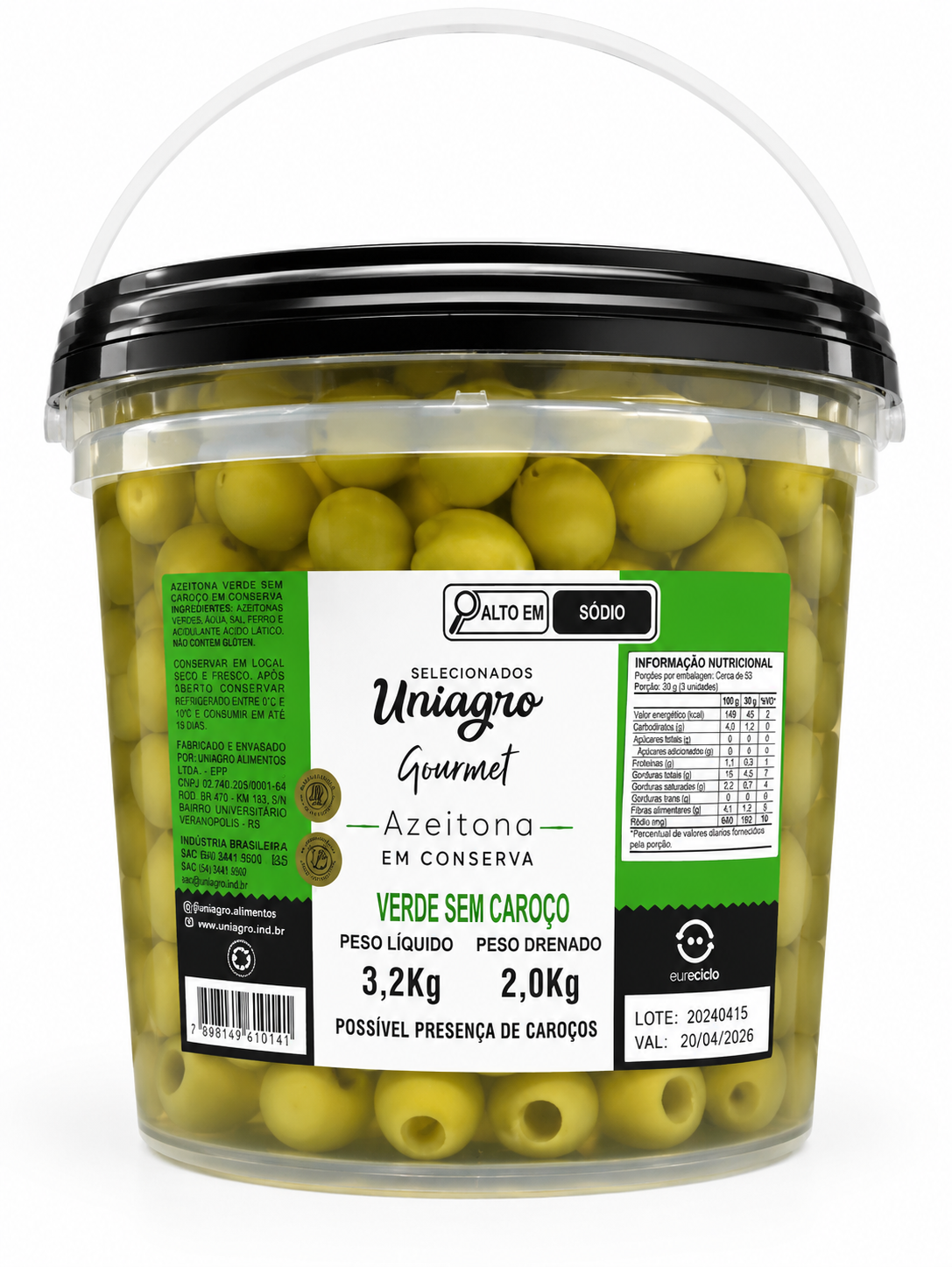 AZEITONA VERDE SEM CAROÇO UNIAGRO 2 KG
